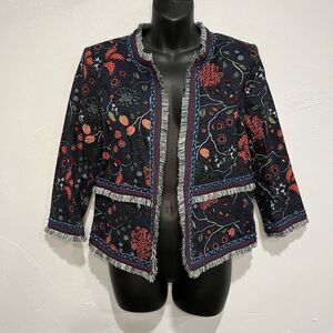 LOFT Women Primavera Strawberry Floral Embroidered Fringe Blazer Jacket Size 0‌